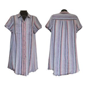 Caffe Marrakesh Linen Blend Striped Raw Hem & Sleeve Button Front Shirt Dress M